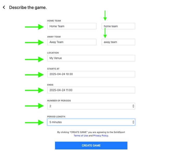 creating game (all info filled in)